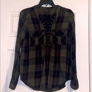 Express Plaid Black & Green Tie Up Shirt